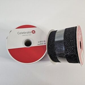 Christmas Gift Present Craft Set 2 Black Wired Ribbon Gold Trim Silver Sparkle